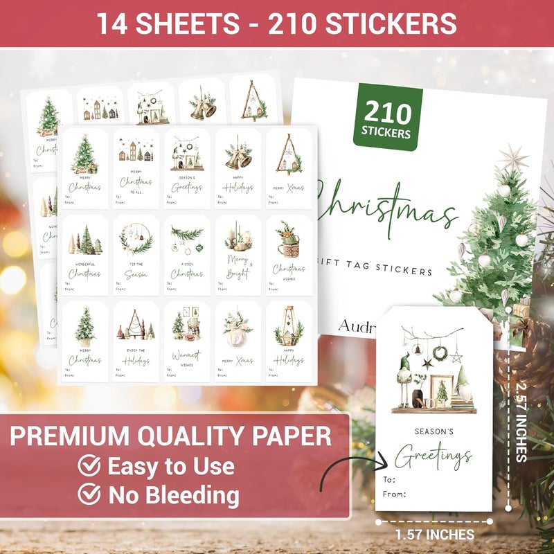 AUDREE 210 Pcs Boho Green Christmas Gift Tag Stickers – Self-Adhesive Rustic Watercolor Holiday Labels – Christmas Name Tags Label Stickers for Xmas Gifts Wrap Presents Box Envelope Decor - Image 2